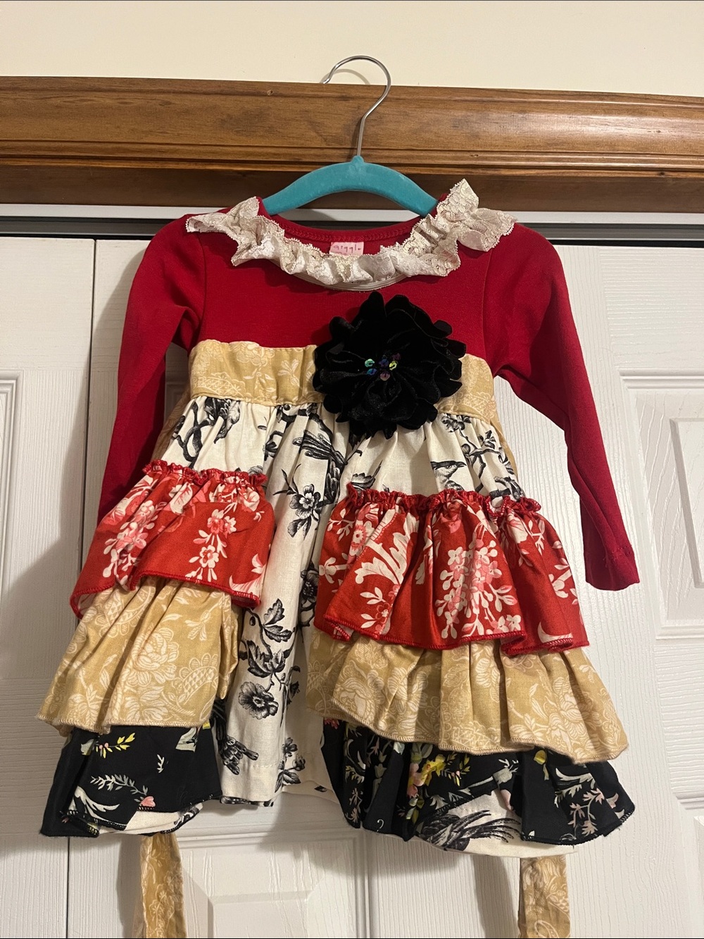 Giggle Moon Red, Cream, Black & Gold Tiered Floral Dress